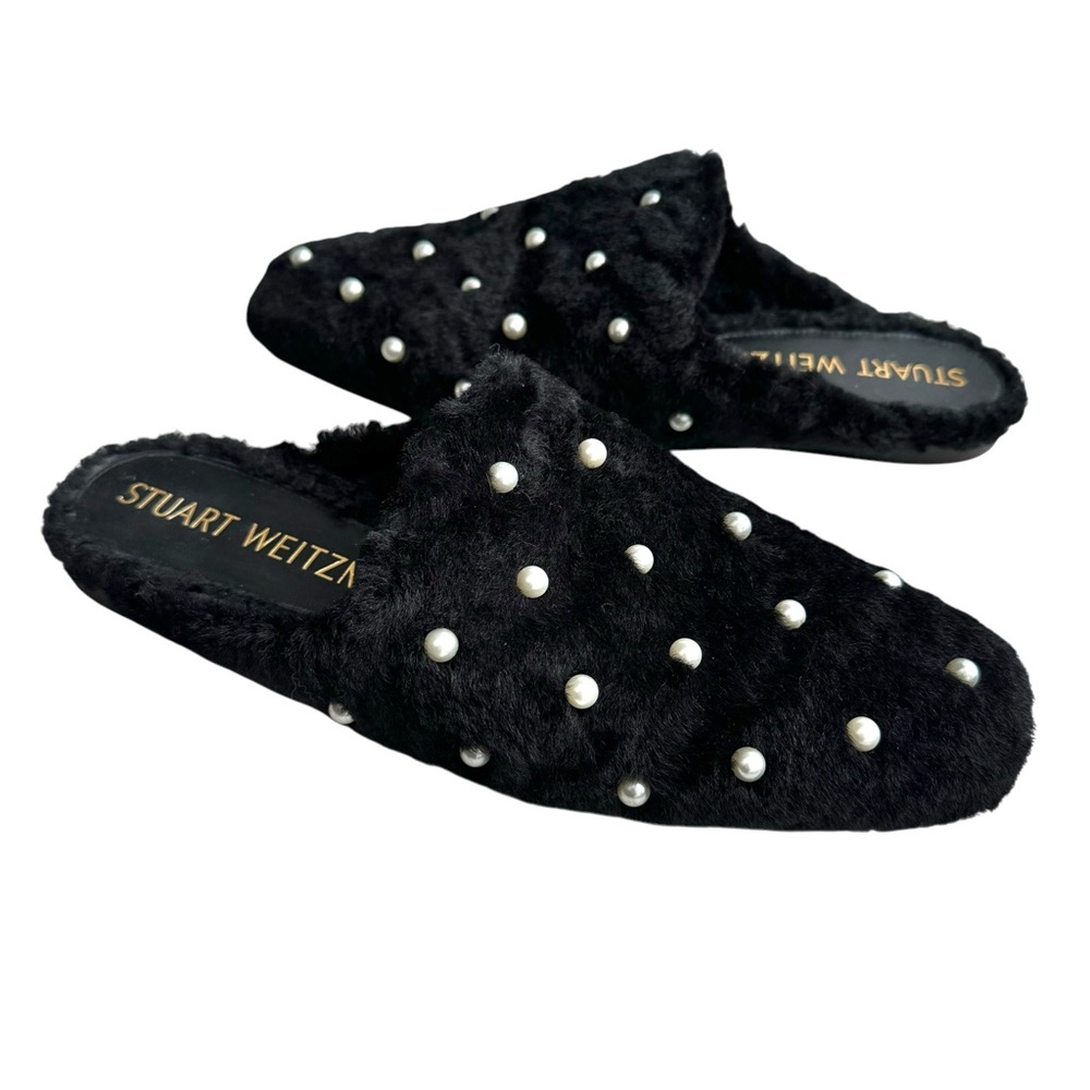 Stuart Weitzman Jude Chill Mules Black Shearling Leather Flats Women 7.5